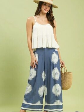 🩵Hello Gorgeous! Umgee Abstract Border Print Wide Leg Pants-Denim Blue